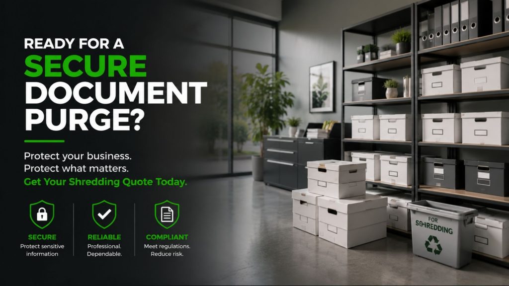 Modern office records storage area with archive boxes and shredding bin, promoting secure document purge and professional shredding services for business compliance and information protection