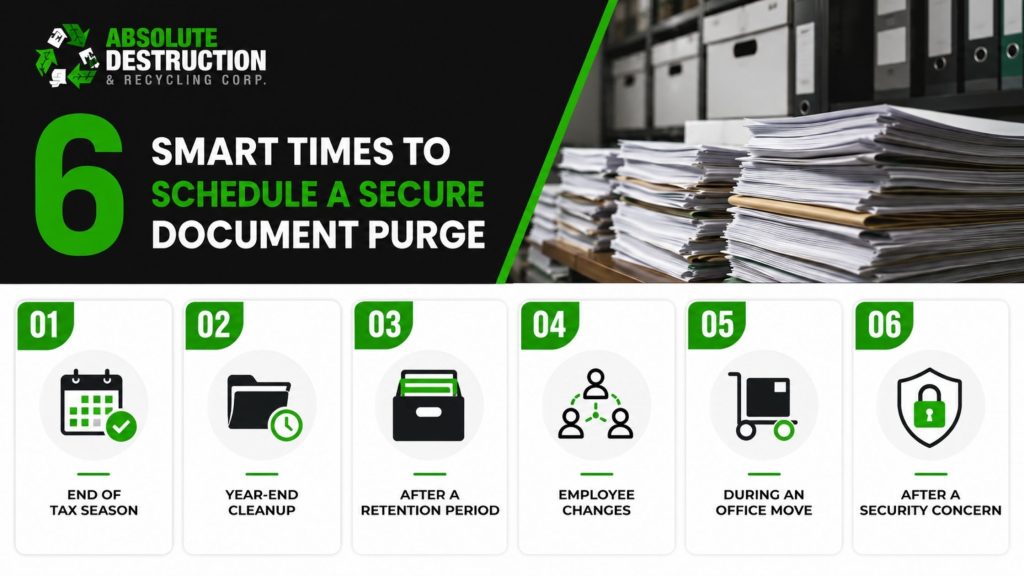 Infographic showing six smart times to schedule a secure document purge, including tax season, year-end cleanup, retention periods, employee changes, office moves, and security concerns