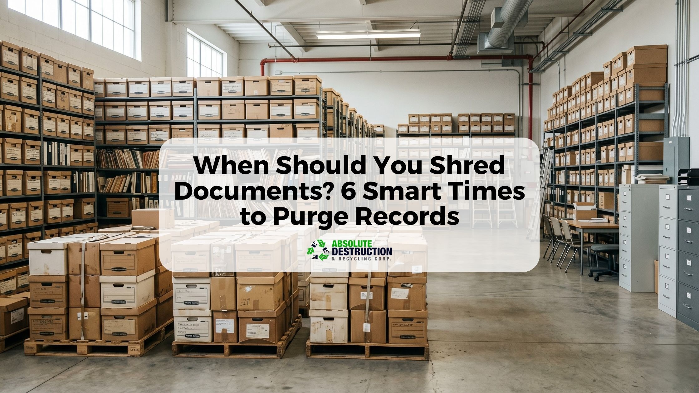 Large archive storage room filled with document boxes and records, illustrating secure document shredding and records purge services for businesses in Ontario