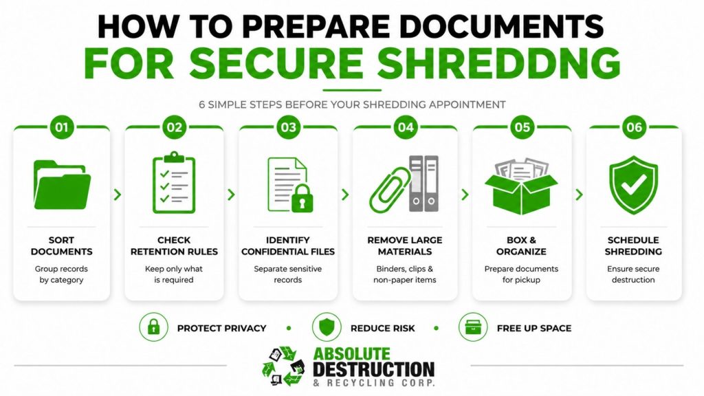 Infographic outlining six steps to prepare documents for secure shredding, including sorting records, checking retention requirements, identifying confidential files, removing non-paper materials, organizing boxes, and scheduling shredding services.
