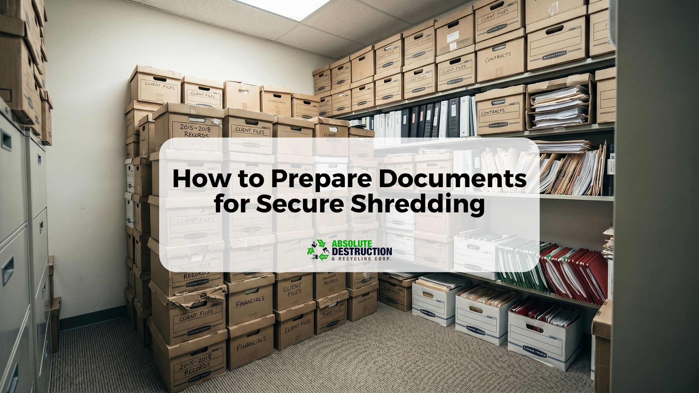 Storage room filled with archived document boxes and file records, illustrating how to prepare documents for secure shredding and records management in Ontario.