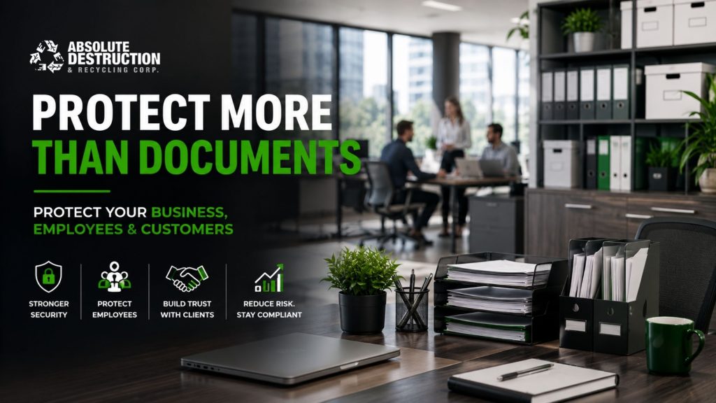 Professional office workspace with organized files and records, promoting secure document shredding services that help protect businesses, employees, customers, and sensitive information