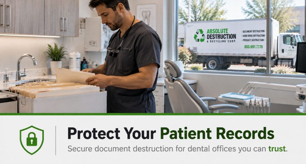 Male dental hygienist organizing patient records in a dental office with a secure document destruction truck outside