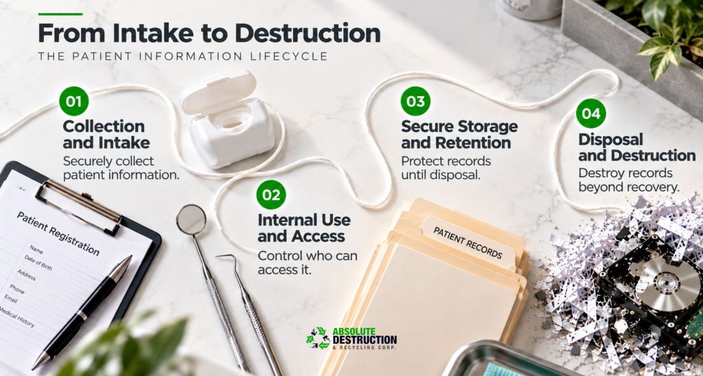 Infographic showing the dental patient information lifecycle from collection and controlled access to secure storage, retention, and final destruction