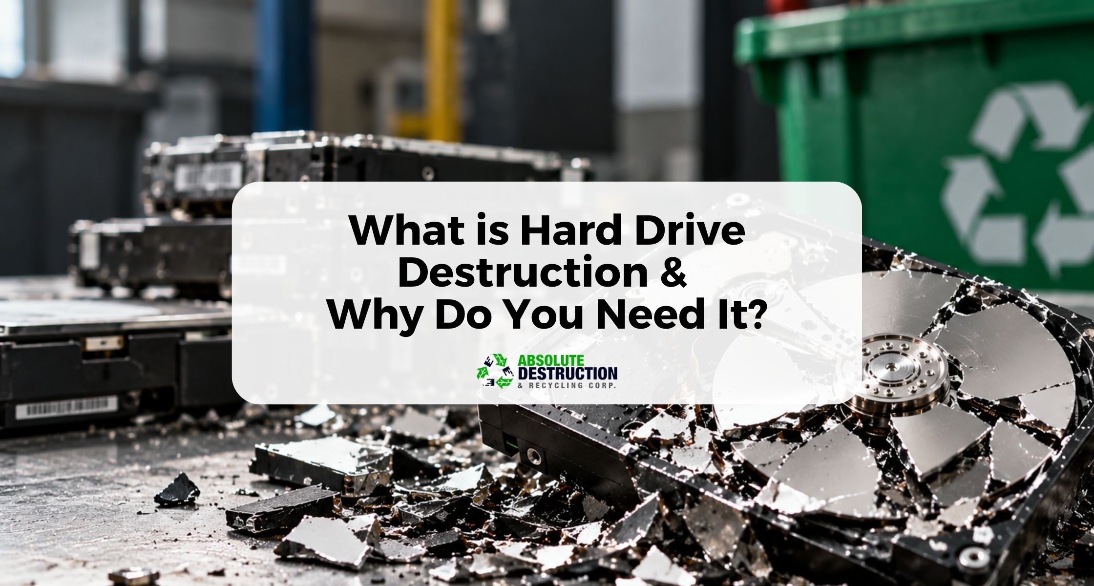 Physically destroyed hard drives and shattered disk platters prepared for secure recycling