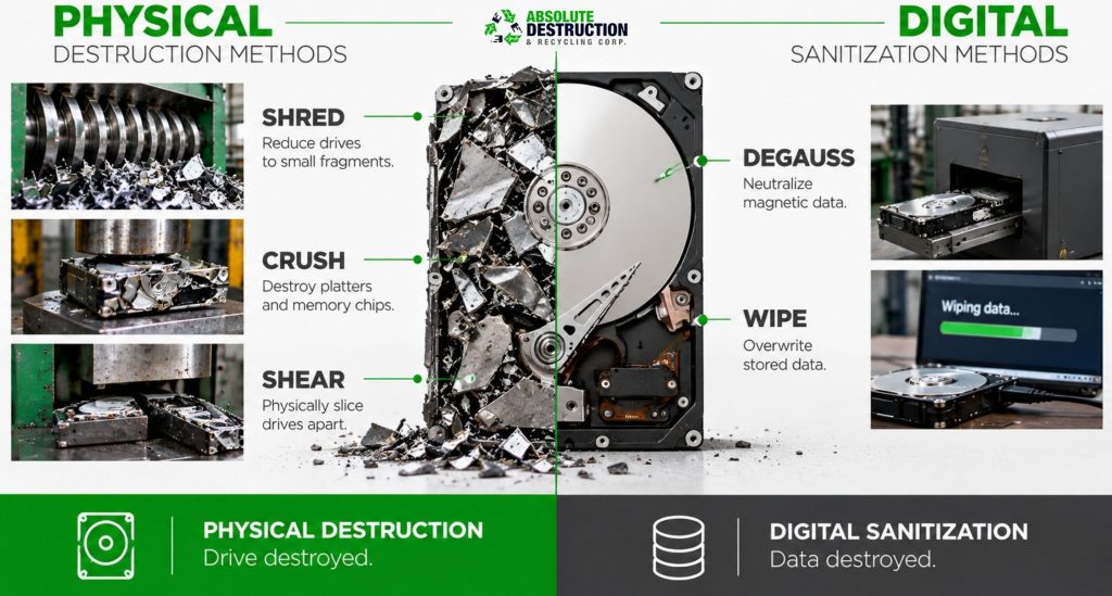 Infographic comparing physical hard drive destruction methods such as shredding, crushing, and shearing with digital sanitization methods including degaussing and data wiping