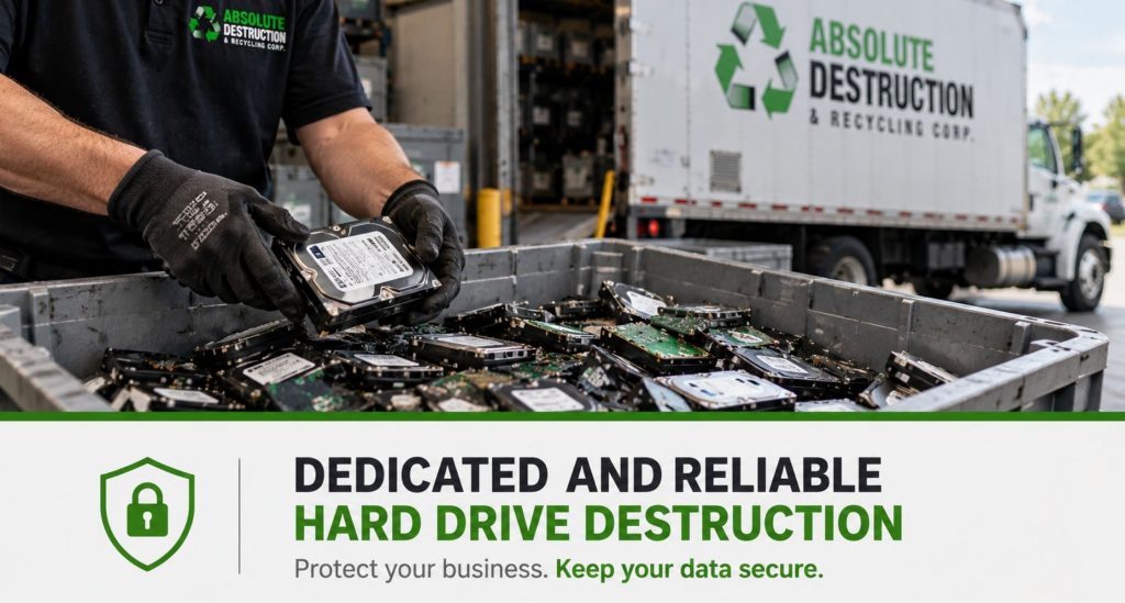 Data destruction worker handling used hard drives for secure destruction beside an Absolute Destruction collection truck