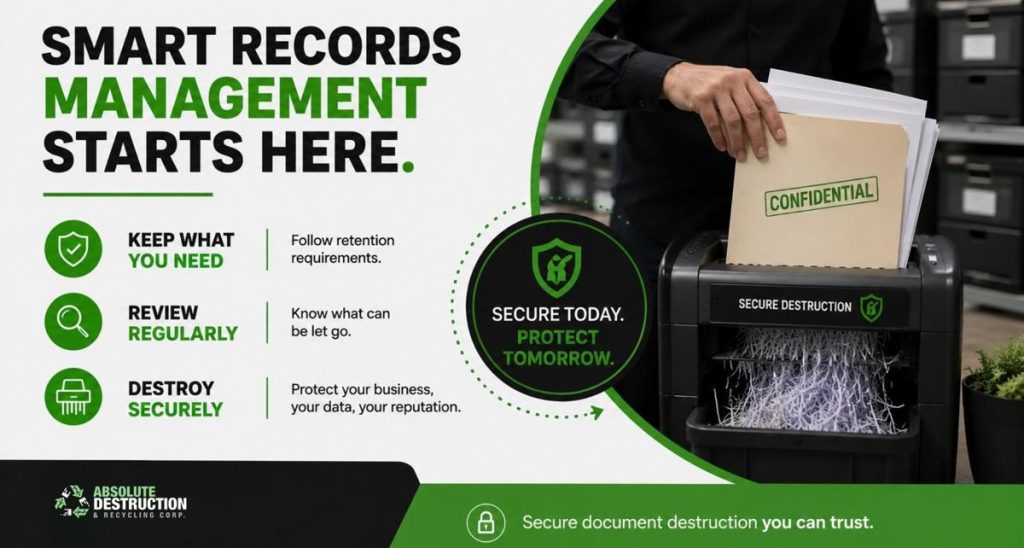 Infographic highlighting business records management steps to retain necessary documents, review records regularly, and securely destroy confidential files.