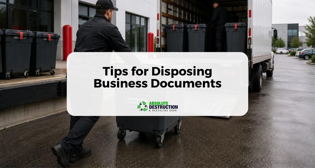 Document destruction professionals loading locked security bins onto a shredding truck outside a commercial building.
