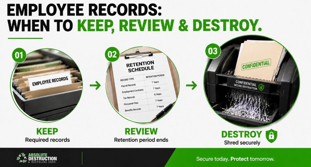 Infographic showing the process of keeping, reviewing, and securely destroying employee records based on retention requirements
