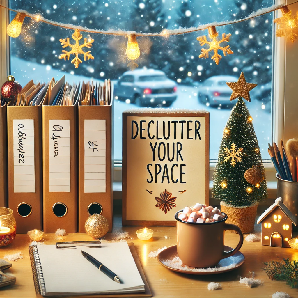 A festive holiday-themed workspace scene showing organized documents and files, with a cozy winter background