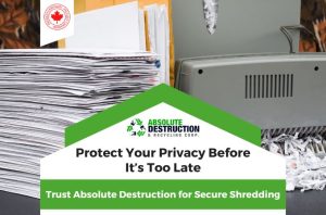 Stack of documents beside a paper shredder in action, with overlay text “Protect Your Privacy Before It’s Too Late,” promoting secure shredding services by Absolute Destruction & Recycling Corp.