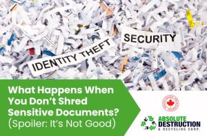 Pile of shredded documents featuring cut-up words like “Identity Theft” and “Security,” emphasizing the importance of document destruction in protecting privacy, promoted by Absolute Destruction.