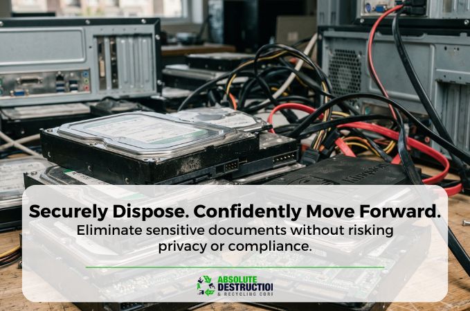 Close-up of hard drives and electronic components prepared for secure destruction and data disposal services by Absolute Destruction to ensure privacy and compliance